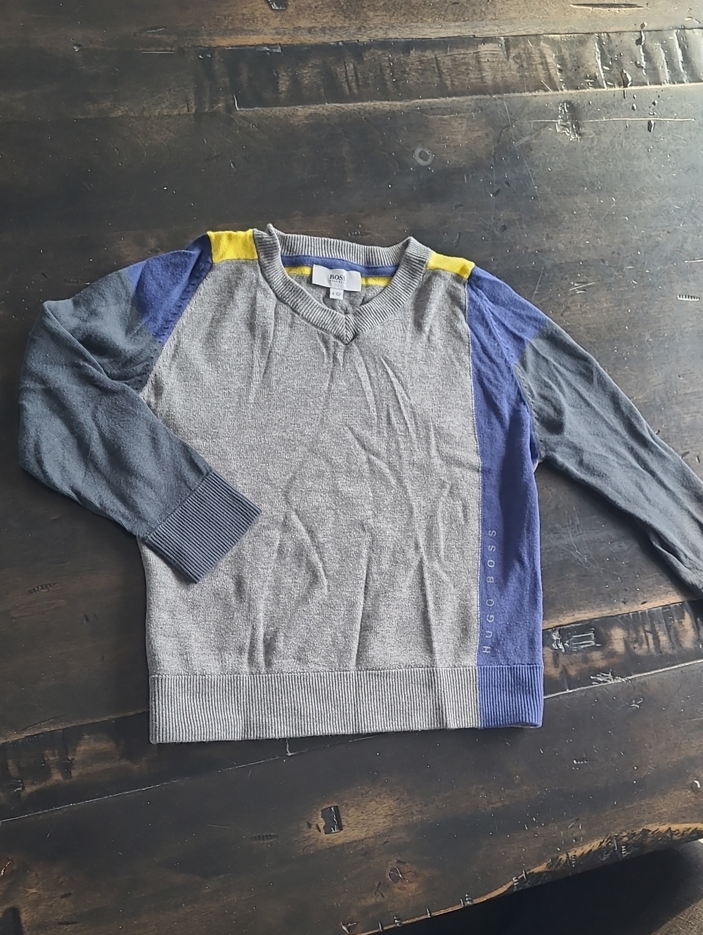 Size 4 Boys Boss Colorblock Crewneck Sweater in Gray, Blue & Yellow